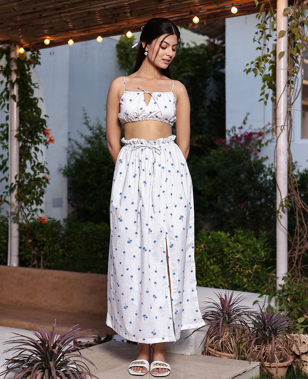 Palm Tie-Front Crop Top & Slit Maxi Skirt Set ginandberry Palm Tie-Front Crop Top & Slit Maxi Skirt Set ginandberry