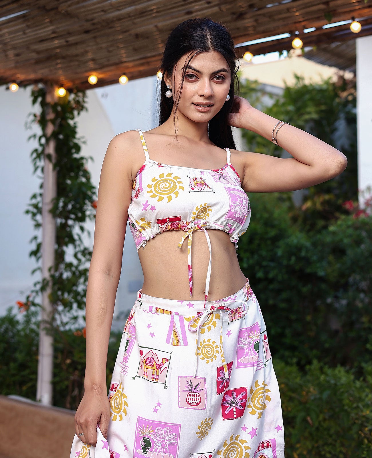 Desi Doodle Tie-Front Crop Top, Skirt & Shirt Set