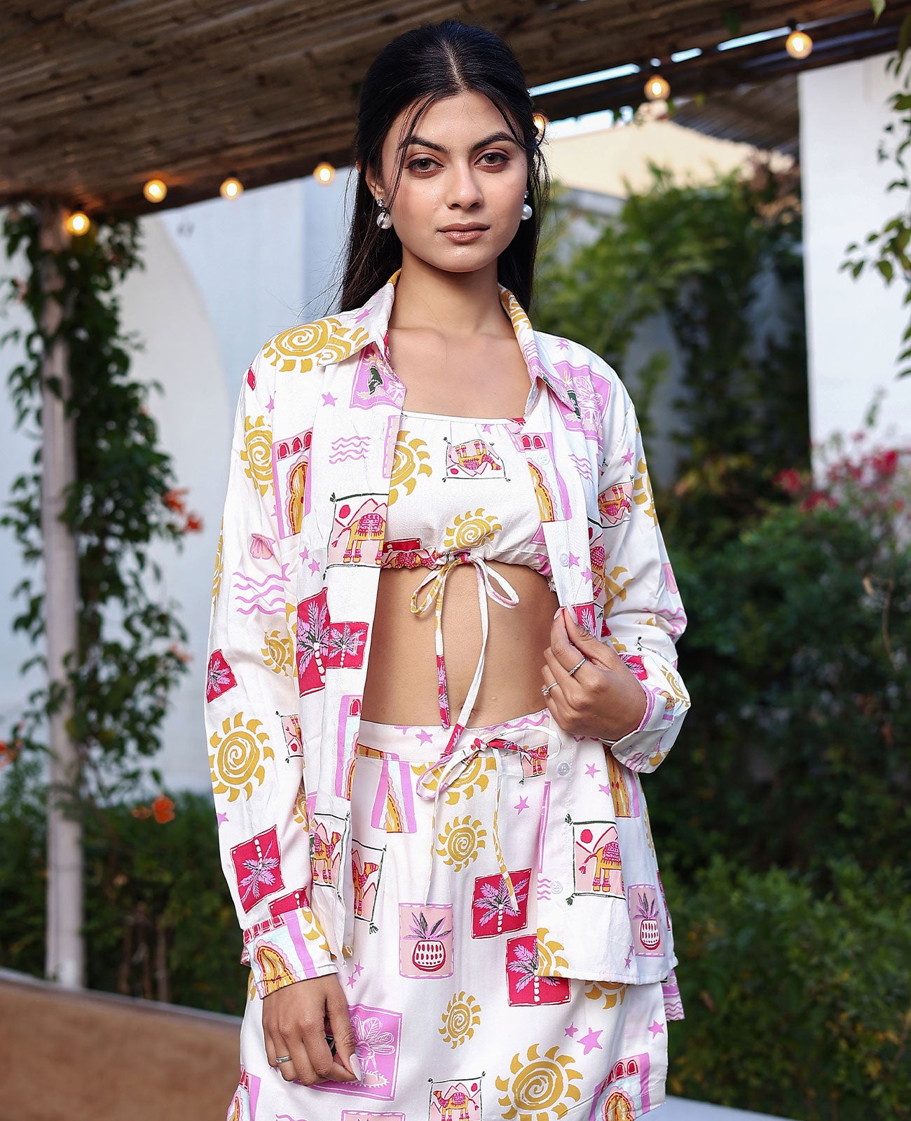 Desi Doodle Tie-Front Crop Top, Skirt & Shirt Set