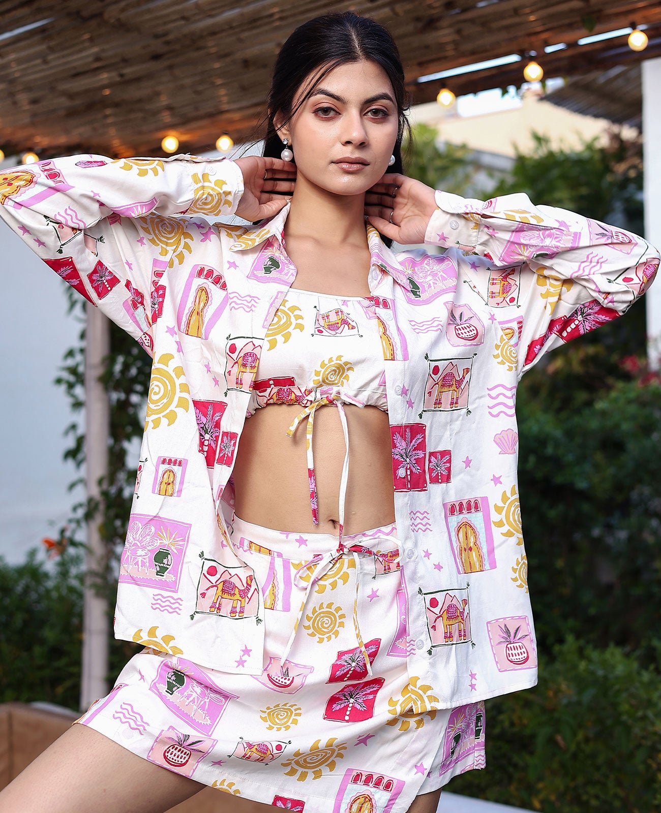 Desi Doodle Tie-Front Crop Top, Skirt & Shirt Set