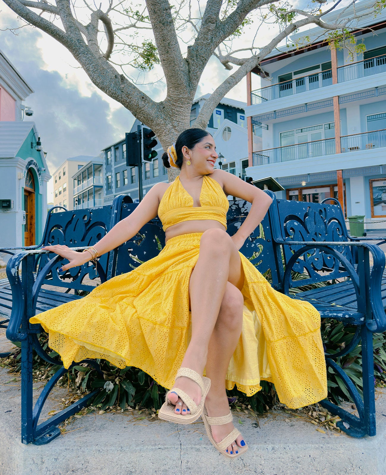 Aria Yellow Halter Neck Schiffli Top