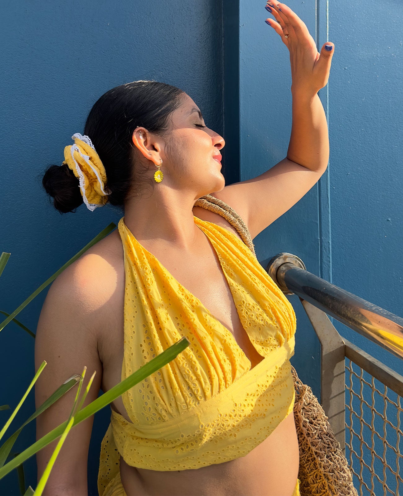 Aria Yellow Schiffli Halter Neck Top with Slit Tier Skirt