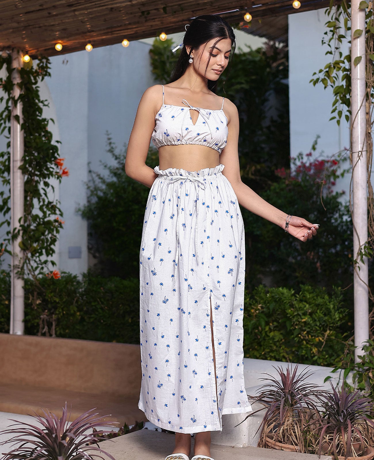 Palm Tie-Front Crop Top & Slit Maxi Skirt Set