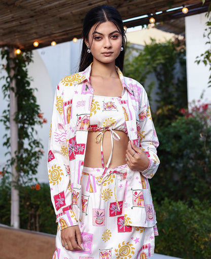 Desi Doodle Tie-Front Crop Top, Skirt & Shirt Set