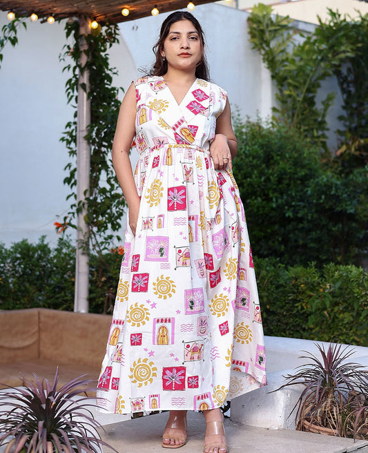 Desi Doodle Sleeveless V-Neck Maxi Dress